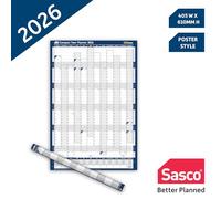 Sasco 2026 Compact Wall Planner - Portrait Year Calendar with Wet Wipe Pen & Stickers, 40.5x61cm, Blue - Calendar 2026 UK & ROI Holidays Marked - Convenient for Home or Study Areas