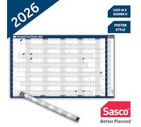 Sasco 2026 Oversized Year Wall Planner - Year Calendar with Wet Wipe Pen & Stickers, 110x61cm, Blue - UK & ROI Holidays Marked - Large Wall Calendar for Office Spaces or Classrooms