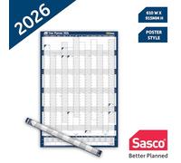 Sasco 2026 Portrait Wall Planner - Poster Style Year Calendar with Wet Wipe Pen & Stickers, 61x91.5cm, Blue - Calendar 2026 UK & ROI Holidays Marked - Practical for Office or School Walls