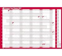 Sasco 2027 Compact Year Wall Planner Landscape with wet wipe pen, pack of 388 stickers & Today sticker, Red, Poster Style, 610mmW x 405mmH