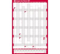 Sasco 2027 Compact Year Wall Planner Portrait with wet wipe pen & pack of 388 stickers, Red, Poster Style, 405mmW x 610mmH