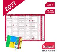 Sasco 2027 EU Year Wall Planner with wet wipe pen & pack of 378 stickers, Red, Poster Style, 915mmW x 610mmH