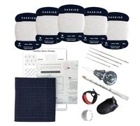 Sashiko kit, Daruma Sashiko Thread, Needles and Cotton Fabric with Grid Line Print, Marking Pencil, Thimblem and Traditional Design Sewing Set (Unbleached Thread/Navy Fabric)