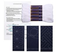 Sashiko kit, Yokota Sashiko Thread and Template Yume Fukin with Original English Manual, Fabric, Japanese Textile (White Thread/Navy Dishcloth 3)