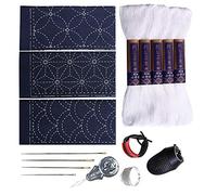 Sashiko kit, Yokota Sashiko Thread, Needles and Template Yume Fukin with Original English Manual, Thimble Sewing Set, Fabric, Japanese Textile (White Thread/Navy Dishcloth)