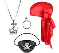 Sasifeni 4 PCS Pirate Costume Accessories Kit, Adults Fancy Dress Set Includes Eye Patches Red Pirate Bandana Sliver Anchor Necklace Hoop Earrings, for Adult Halloween Party Supplies, Sliver