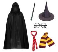 Sasifeni 6 Pcs Set Adult Wizard Costume, World Book Day Fancy Dress for Men, Women, Adult Halloween Outfits Includes Hooded Black Cape, Scarf, Wand, Tie, Maroon Glasses and Wizard Hat