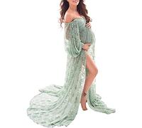 Saslax Soft Stretchy Lace Off Shoulder Doubly Split A-line Skirt Maternity Dress Pregnancy Maxi Gown for Photoshoot, Sage, XL