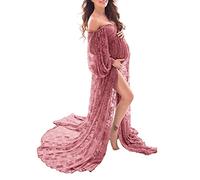 Saslax Soft Stretchy Lace Off Shoulder Doubly Split A-line Skirt Maternity Dress Pregnancy Maxi Gown for Photoshoot - pink - X-Large