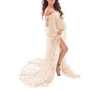 Saslax Soft Stretchy Lace Off Shoulder Doubly Split A-line Skirt Maternity Dress Pregnancy Maxi Gown for Photoshoot, Champagne, S