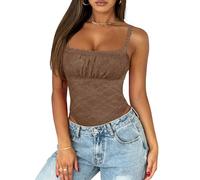 Saslax Women's Sexy Square Neck Lace Sleeveless Bodysuit Tank Tops Double Lined Body Suit Thong Outfits, Brown, Medium