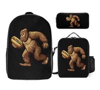 Sasquatch Bigfoot Carrying Hotdog 3PCS Laptop Backpack Set 17 Inch Lightweight Daypack with Lunch Box Pencil Case for Men Women