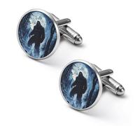Sasquatch Bigfoot With Moon 1 Pair Men's Cuff Links Alloy Cufflink Set Silver Shirt Accessories for Business Wedding Gifts 1.7cm