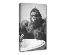 Sasquatch Brushing Teeth, Funny Bathroom Wall Art, Cute Laundry Room Decor, Animals in Bathroom, Retro Bigfoot Humor Print, Ai Art-1