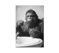 Sasquatch Brushing Teeth, Funny Bathroom Wall Art, Cute Laundry Room Decor, Animals in Bathroom, Retro Bigfoot Humor Print, Ai Art-1