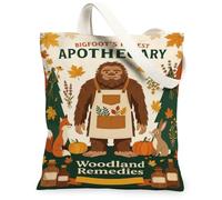 Sasquatch Woodland Apothecary Fall Theme Autumn Canvas Tote Bag 13x15 Inch | Foxes And Rabbit Graphic, Fall Harvest Pumpkins, Botanical Apothecary Theme, Fanciful Woodland Fantasy