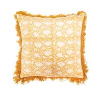 Sass & Belle Block Print Fringed Cushion Cover Mustard - 45x45cm Decorative Pillow Case, Boho Accent for Sofa or Bed, Yellow Cushion Cover for Home Decoration
