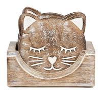 Sass & Belle Wooden Brown Carved Cat Coaster - Set of 6