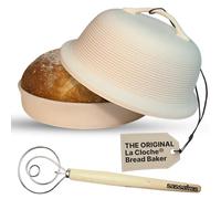 Sassafras Superstone Stoneware La Cloche Bread Baker, Unglazed, Baking Stone for Bread, Capacity 5QT 12”D x7”H with handle, Withstands Temperature 500-2100 Fahrenheit (Bisque + Bread Whisk)