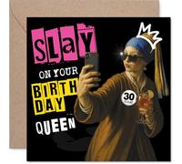 Sassy 30th Birthday Card - Slay All Day, Birthday Queen - Bold Selfie Celebration Design with Vibrant Pink and Yellow - 145mm Square, Envelope Included