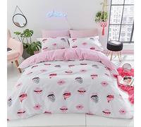 Sassy B Bedding Lip Service Reversible Double Duvet Cover Set with Pillowcase White Pink