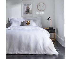 Sassy B Playboy Bedding Soft Satin Stripe Double Duvet Cover Set with Pillowcases White