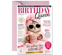 Sassy Birthday Card - Birthday Queen Energy - Pink Cat in Sunglasses and Robe Design - Level Up Your Celebrations with Confidence and Sass - A5, Envelope Included