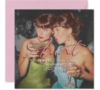 Sassy Birthday Card for Aunt - Vintage Glamour and a Cheeky Wink - Two Fabulous Women Toasting in Bold Pinks and Blues, Mothers' Day - 145mm Square, Envelope Included