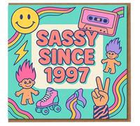 Sassy Since 1997 Retro Birthday Card - 90s Throwback with Cassette, Roller Skate, Rainbow and Troll Characters - Fun 1997 Birth Year Card for Her or Friend