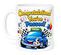 SASSY SIPS Congratulations You've Passed Driving Test Ceramic Coffee Mug, White, 11oz, Glossy Finish, Gift, Him, His, Blue Car, Dual-Sided Design