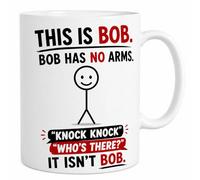 SASSY SIPS Funny Bob Has No Arms Coffee Mug, Dual-Sided Design, Novelty Stick Figure Joke Cup, White 11oz Ceramic Coffee