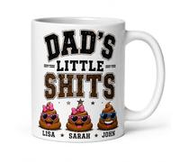 SASSY SIPS Personalised 'Dad's Little Shits' Funny Coffee Mug, Dual-Sided Design, Father's Day, Novelty Ceramic Cup, 2-5 Names Can Be Added to The Mug, 11oz Ceramic Coffee Tea, Poo Turd Design Gift