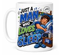 SASSY SIPS Personalised Funny Coffee Mug, White Glossy Ceramic, 11oz, Dual-Sided 'Just a Man Who Loves to Sleep' Design, Dishwasher Safe, Teenager, Lie in, Sleepy