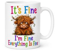 SASSY SIPS Personalised Funny I'm Fine Everything is Fine Highland Cow Mug, White Ceramic, 11oz, Double-Sided Design, Glossy Finish