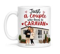 SASSY SIPS Personalised Just a Couple Who Loves to Caravan Mug, White Ceramic, Double Sided Design, Novelty Gift for Couples, Static or Touring Design Option, 11oz Ceramic Coffee Cup (Static Caravan)