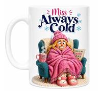 SASSY SIPS Personalised Miss Always Cold Funny Coffee Mug, White Ceramic, Dual-Sided Design, Winter Theme, Novelty Gift, Freezing, Mrs, Her, She, 11oz Ceramic Coffee Cup, Pink