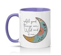 Sassy Souls All Good Things are Wild and Womens 11oz Ceramic Novelty Mug Boho Floral Moon Nature Tea Coffee Cup Gift Light Purple