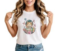 Sassy Souls Cat Astronaut Space Womens Graphic T-Shirt Illustrated Floral Cosmic Design 5XL White