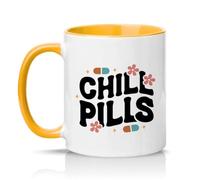 Sassy Souls Chill Pills 11oz Ceramic Novelty Mug Retro Groovy Aesthetic Tea Coffee Cup Gift Golden Yellow