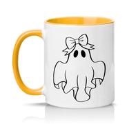 Sassy Souls Cute Ghost Girl with Bow Womens 11oz Ceramic Novelty Mug Halloween Spooky Season Tea Coffee Cup Gift Golden Yellow