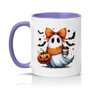 Sassy Souls Cute Ghost with Pumpkin and Coffee 11oz Ceramic Novelty Mug Halloween Tea Coffee Cup Light Purple