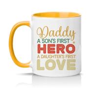 Sassy Souls Daddy A Sons First Hero A Daughters First Love Mens 11oz Ceramic Novelty Mug New Dad Fathers Day Tea Coffee Cup Golden Yellow