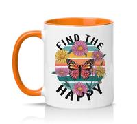 Sassy Souls Find The Happy Womens 11oz Ceramic Novelty Mug Retro Floral Butterfly Nature Lovers Tea Coffee Cup Gift Orange