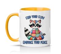 Sassy Souls Find Your Flow Embrace Your Peace 11oz Ceramic Novelty Mug Patchwork Raccoon Animal Humour Tea Coffee Cup Gift Golden Yellow