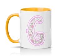 Sassy Souls Floral Letter G Womens 11oz Ceramic Novelty Mug Pink Monogram Initial Personalised Botanical Design Tea Coffee Cup Golden Yellow