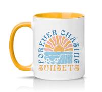Sassy Souls Forever Chasing Sunsets 11oz Ceramic Novelty Mug Beach Vacation Travel Tea Coffee Cup Golden Yellow