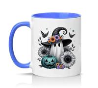 Sassy Souls Ghost Witch Hat Pumpkin Floral 11oz Ceramic Novelty Mug Halloween Autumn Tea Coffee Cup Blue
