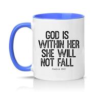 Sassy Souls God is Within Her She Will Not Fall Psalms 46 5 Womens 11oz Ceramic Novelty Mug Bible Verse Religious Tea Coffee Cup Gift Blue