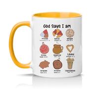 Sassy Souls God Says I Am Precious Special Strong Loved Forgiven Accepted Courageous 11oz Ceramic Novelty Mug Mexican Pan Dulce Christian Gift Golden Yellow