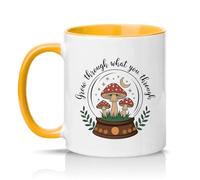 Sassy Souls Grow Through What You Go Through 11oz Ceramic Novelty Mug Mushroom Cottagecore Inspirational Gift Tea Coffee Cup Golden Yellow